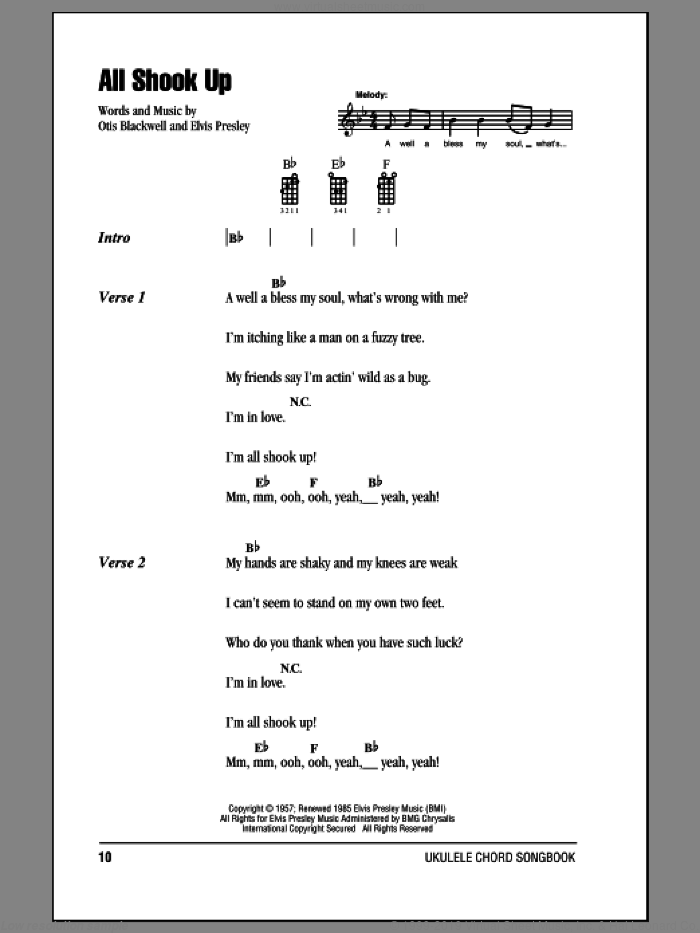 All Shook Up sheet music for ukulele (chords) by Elvis Presley and Otis Blackwell, intermediate skill level