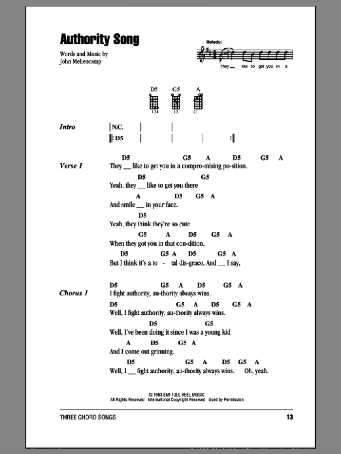 Authority Song sheet music for ukulele (chords) by John Mellencamp, intermediate skill level