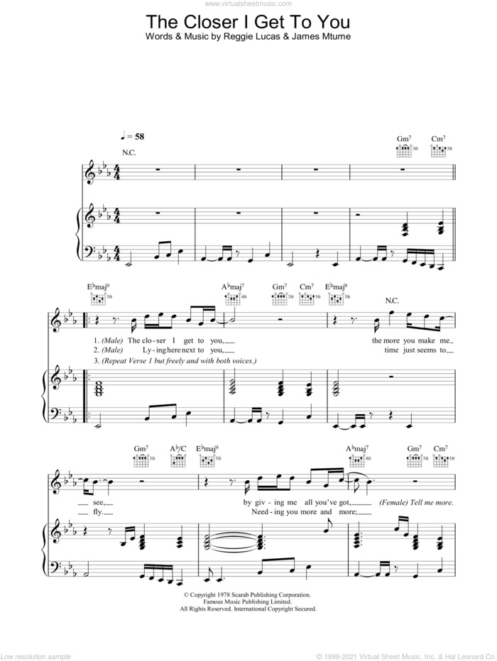 The Closer I Get To You sheet music for voice, piano or guitar by Beyonce, Luther Vandross, James Mtume and Reggie Lucas, intermediate skill level