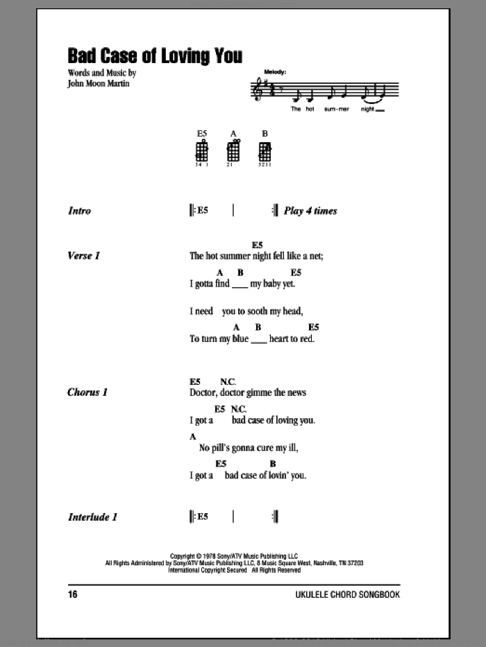 Bad Case Of Loving You sheet music for ukulele (chords) by Robert Palmer and John Moon Martin, intermediate skill level