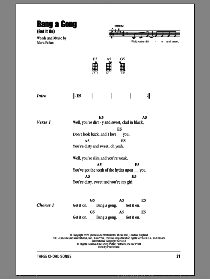 Bang A Gong (Get It On) sheet music for ukulele (chords) by T Rex and Marc Bolan, intermediate skill level
