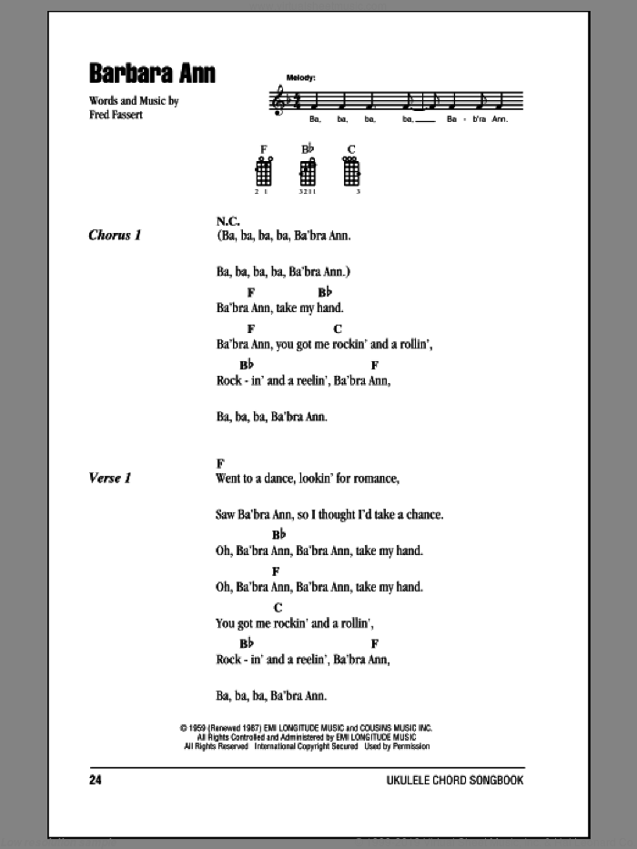 Barbara Ann sheet music for ukulele (chords) by The Beach Boys and Fred Fassert, intermediate skill level
