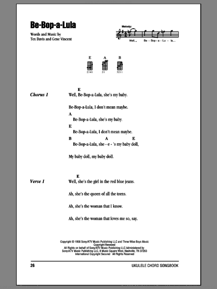 Be-Bop-A-Lula sheet music for ukulele (chords) by Gene Vincent and Tex Davis, intermediate skill level