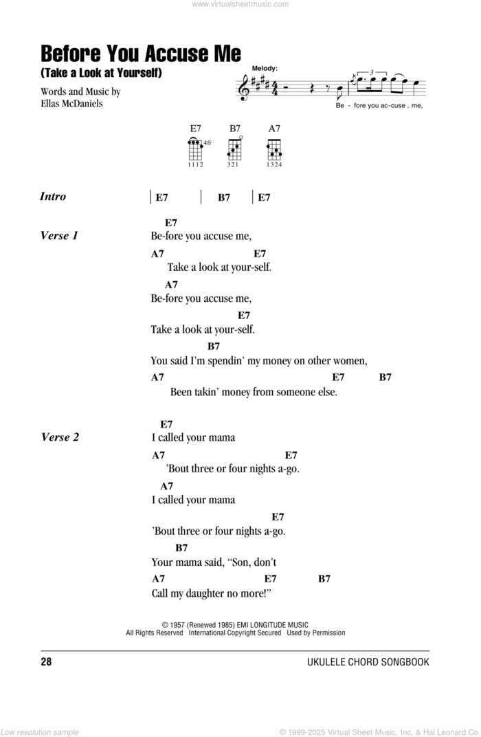 Before You Accuse Me (Take A Look At Yourself) sheet music for ukulele (chords) by Creedence Clearwater Revival and Ellas McDaniels, intermediate skill level