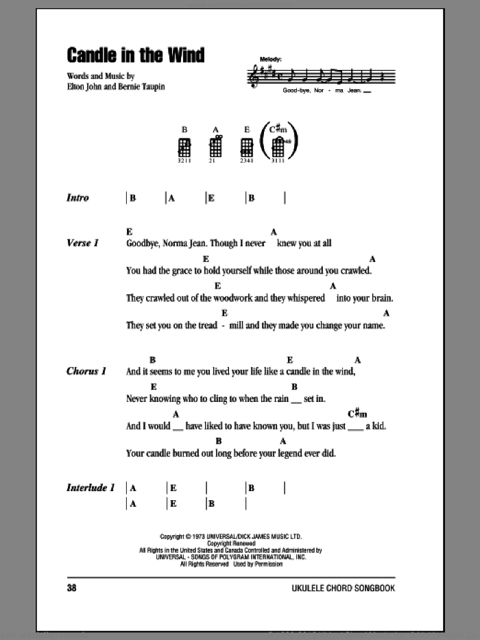 Candle In The Wind sheet music for ukulele (chords) by Elton John and Bernie Taupin, intermediate skill level
