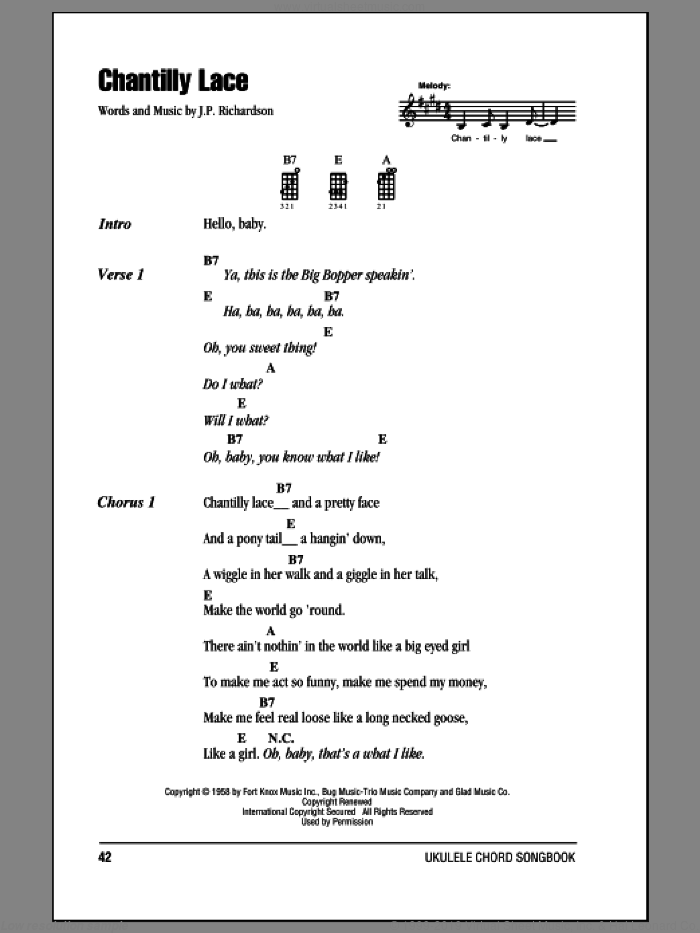 Chantilly Lace sheet music for ukulele (chords) by The Big Bopper and J.P. Richardson, intermediate skill level