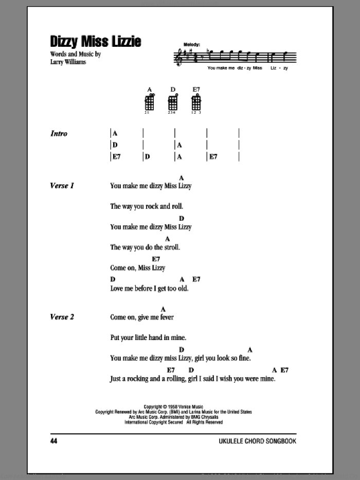 Dizzy Miss Lizzie sheet music for ukulele (chords) by The Beatles and Larry Williams, intermediate skill level