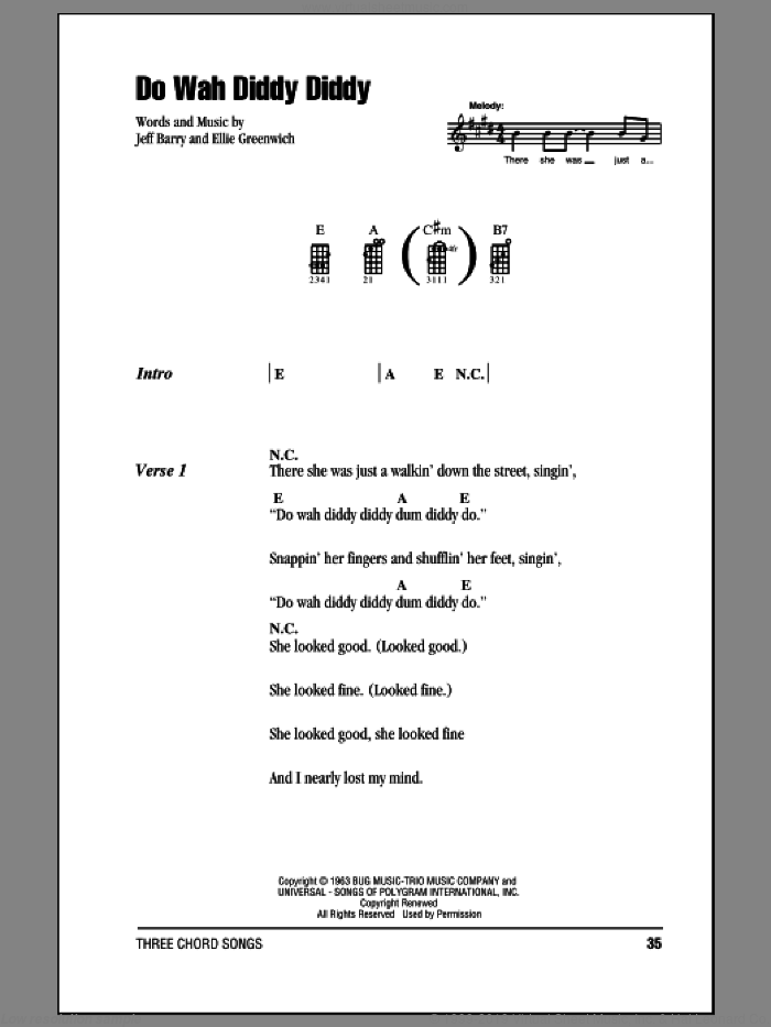 Do Wah Diddy Diddy sheet music for ukulele (chords) by Manfred Mann, Ellie Greenwich and Jeff Barry, intermediate skill level