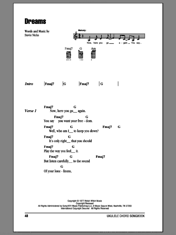 Dreams sheet music for ukulele (chords) by Fleetwood Mac and Stevie Nicks, intermediate skill level