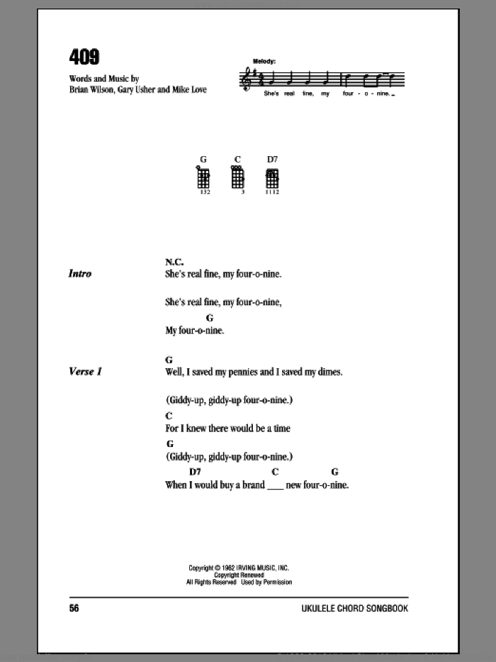 409 sheet music for ukulele (chords) by The Beach Boys, Brian Wilson, Gary Usher and Mike Love, intermediate skill level