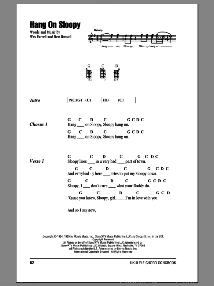 Hang On Sloopy sheet music for ukulele (chords) by The McCoys, Bert Russell and Wes Farrell, intermediate skill level