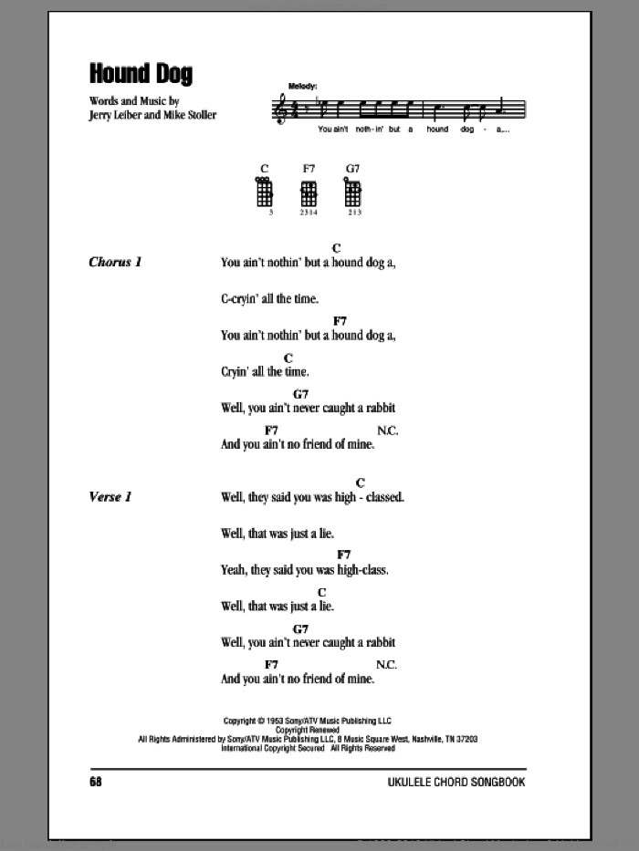 Hound Dog sheet music for ukulele (chords) by Elvis Presley, Jerry Leiber and Mike Stoller, intermediate skill level
