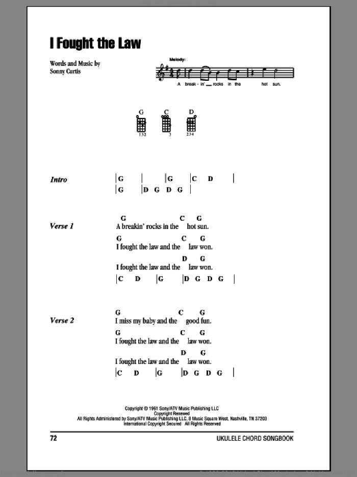 I Fought The Law sheet music for ukulele (chords) by Bobby Fuller Four and Sonny Curtis, intermediate skill level