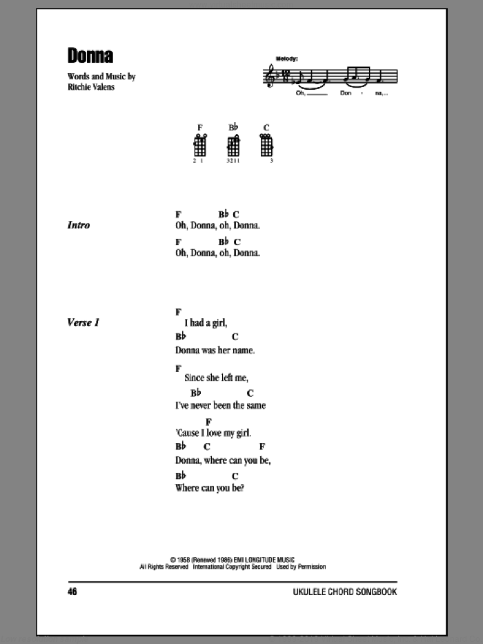 Donna sheet music for ukulele (chords) by Ritchie Valens, intermediate skill level