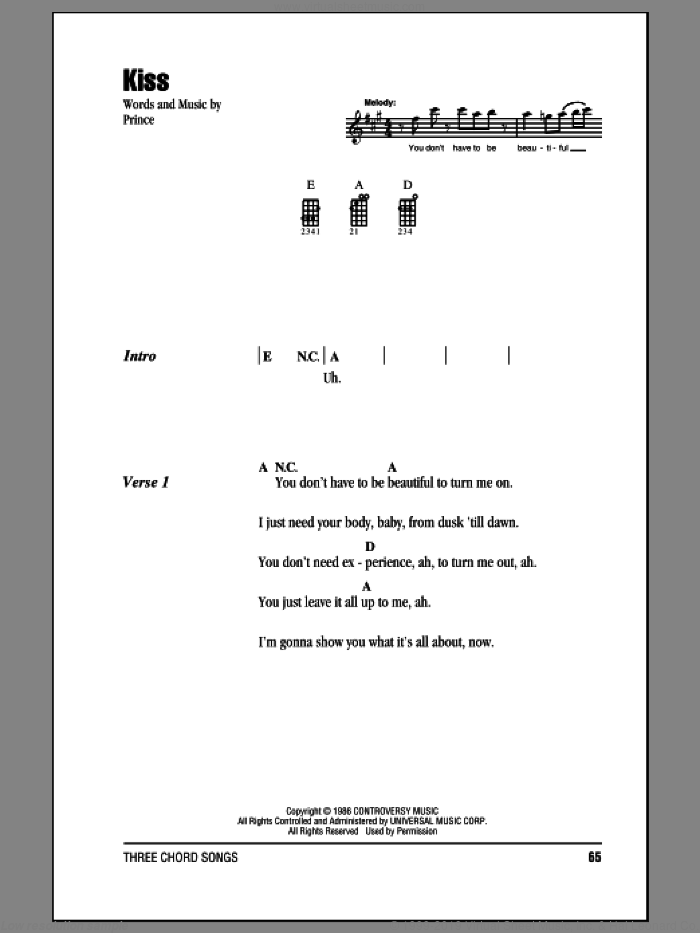 Kiss sheet music for ukulele (chords) by Prince, intermediate skill level