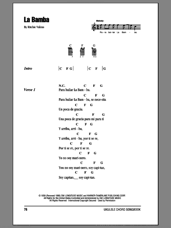 La Bamba sheet music for ukulele (chords) by Ritchie Valens, intermediate skill level