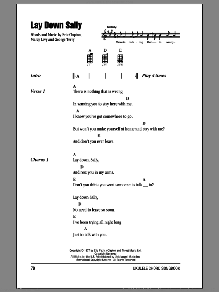 Lay Down Sally sheet music for ukulele (chords) by Eric Clapton, George Terry and Marcy Levy, intermediate skill level