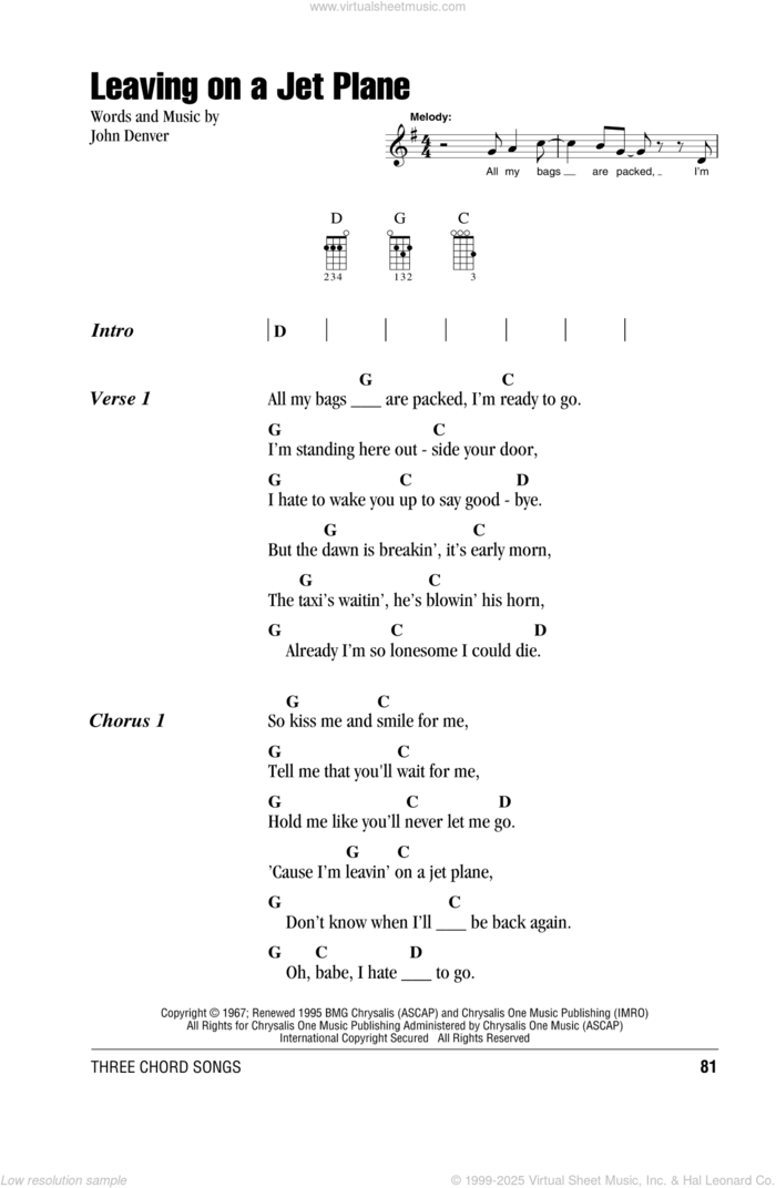 Leaving On A Jet Plane sheet music for ukulele (chords) by John Denver, intermediate skill level