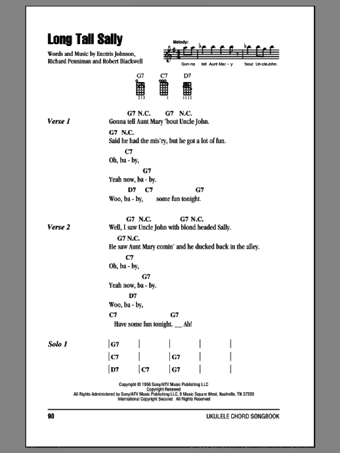 Long Tall Sally sheet music for ukulele (chords) by Little Richard, Enotris Johnson, Richard Penniman and Robert Blackwell, intermediate skill level