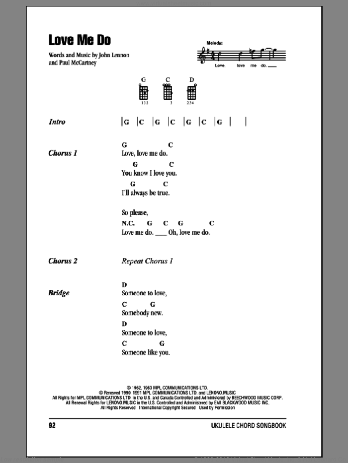 Love Me Do sheet music for ukulele (chords) by The Beatles, John Lennon and Paul McCartney, intermediate skill level