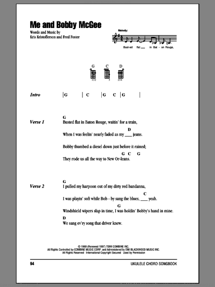 Me And Bobby McGee sheet music for ukulele (chords) by Janis Joplin and Fred Foster, intermediate skill level