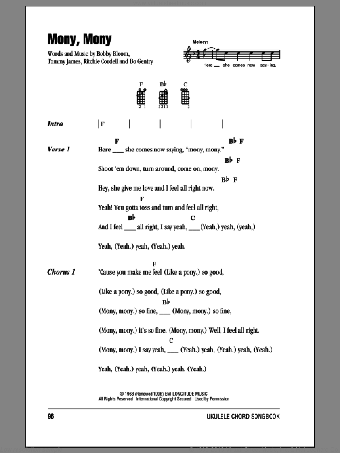 Mony, Mony sheet music for ukulele (chords) by Billy Idol, Bo Gentry, Bobby Bloom, Ritchie Cordell and Tommy James, intermediate skill level