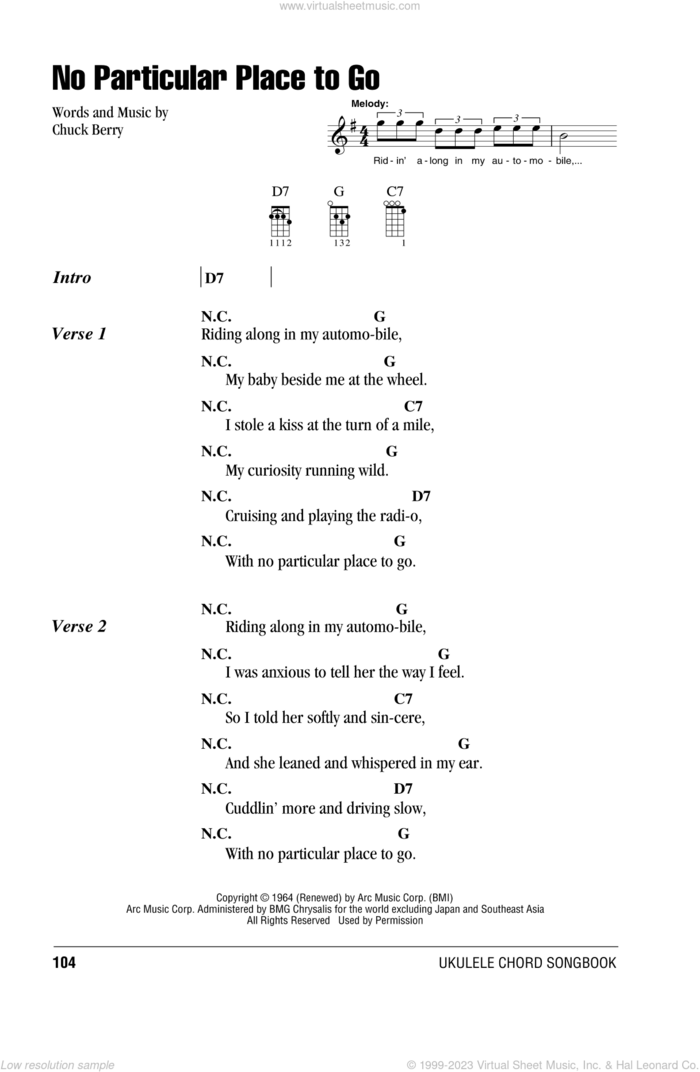 No Particular Place To Go sheet music for ukulele (chords) by Chuck Berry, intermediate skill level