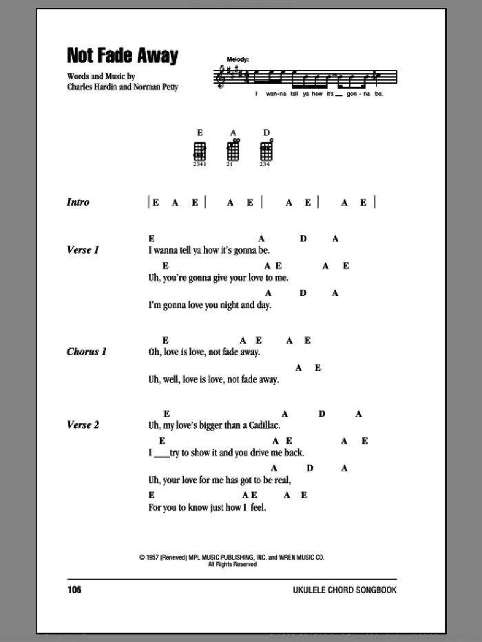 Not Fade Away sheet music for ukulele (chords) by The Rolling Stones, Charles Hardin and Norman Petty, intermediate skill level