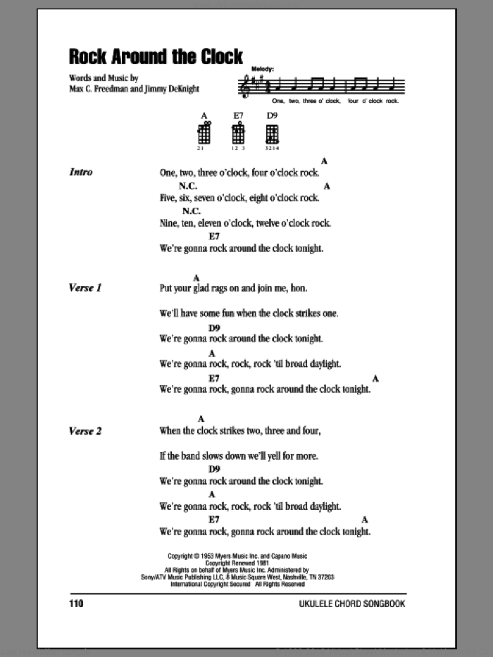 Rock Around The Clock sheet music for ukulele (chords) by Bill Haley & His Comets, Jimmy DeKnight and Max C. Freedman, intermediate skill level