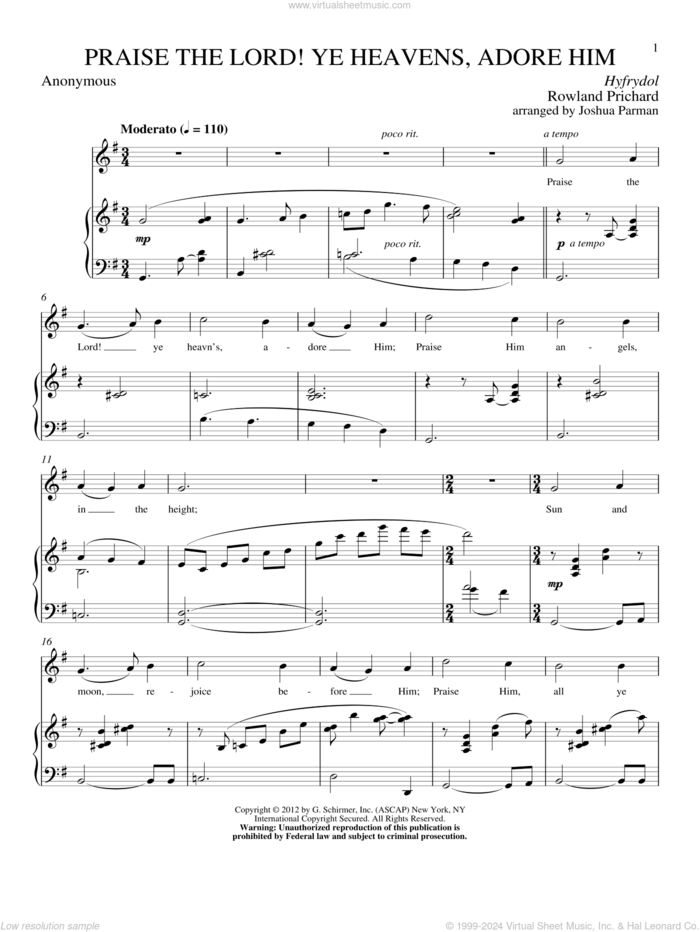 Praise The Lord! Ye Heavens, Adore Him sheet music for voice and piano by Franz Joseph Haydn and Edward Osler, classical score, intermediate skill level