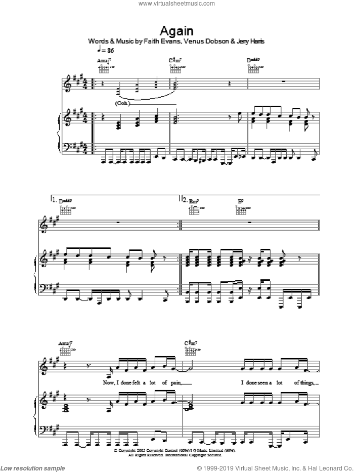 Again sheet music for voice, piano or guitar by Faith Evans, Jerry Harris and Venus Dobson, intermediate skill level