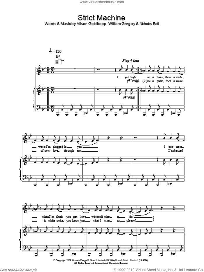 Strict Machine sheet music for voice, piano or guitar by Goldfrapp, Alison Goldfrap, Nicholas Batt and William Gregory, intermediate skill level