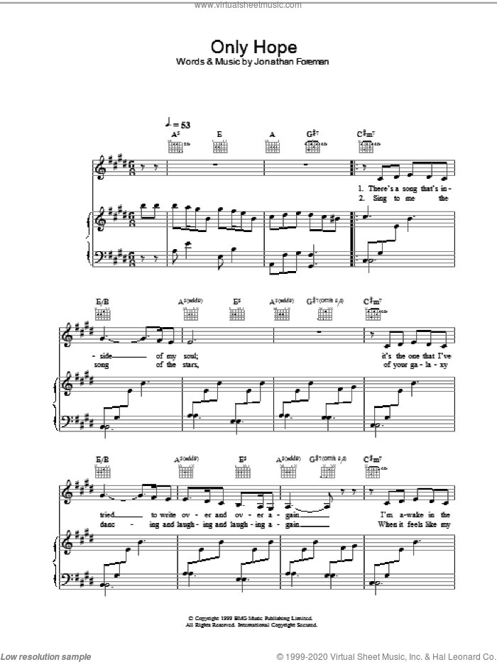 Only Hope sheet music for voice, piano or guitar by Mandy Moore and Jonathan Foreman, intermediate skill level