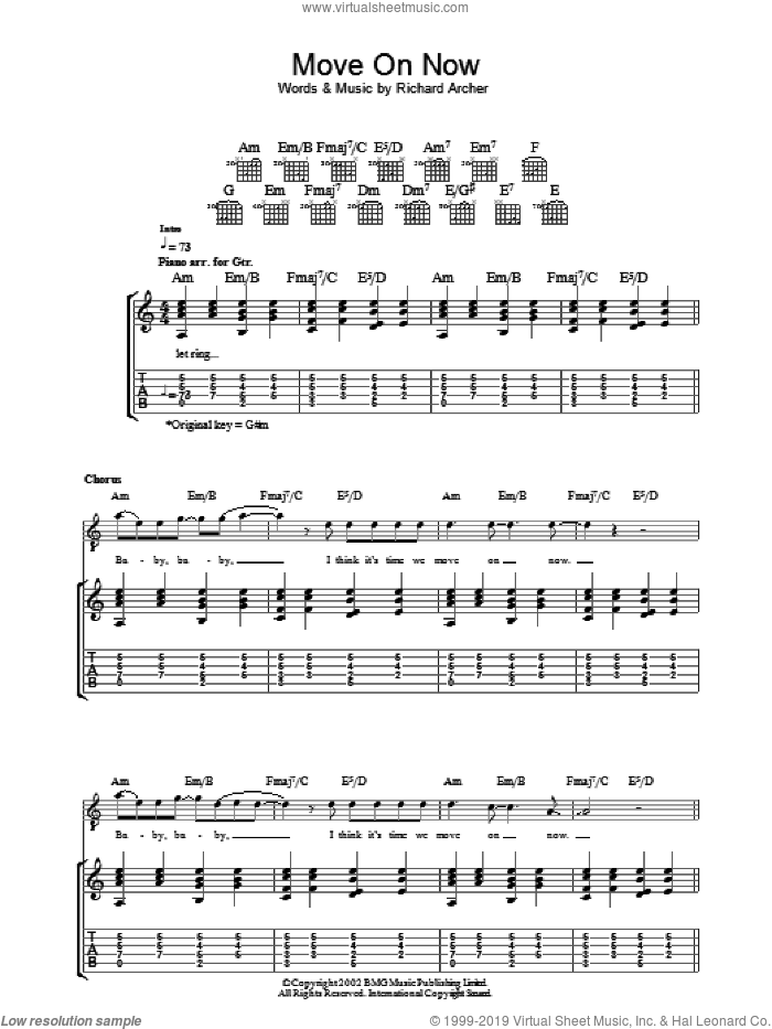 Move On Now sheet music for guitar (tablature) by Hard-Fi and Richard Archer, intermediate skill level