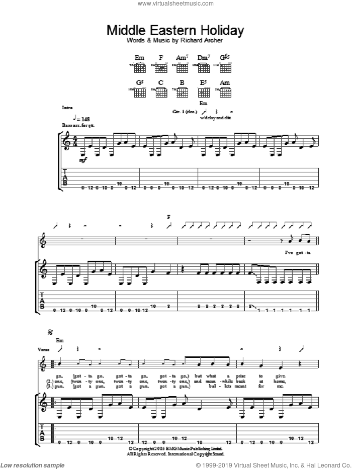 Middle Eastern Holiday sheet music for guitar (tablature) by Hard-Fi and Richard Archer, intermediate skill level