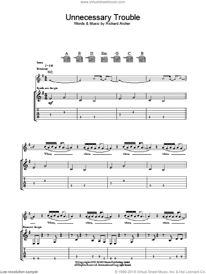 Unnecessary Trouble sheet music for guitar (tablature) by Hard-Fi and Richard Archer, intermediate skill level