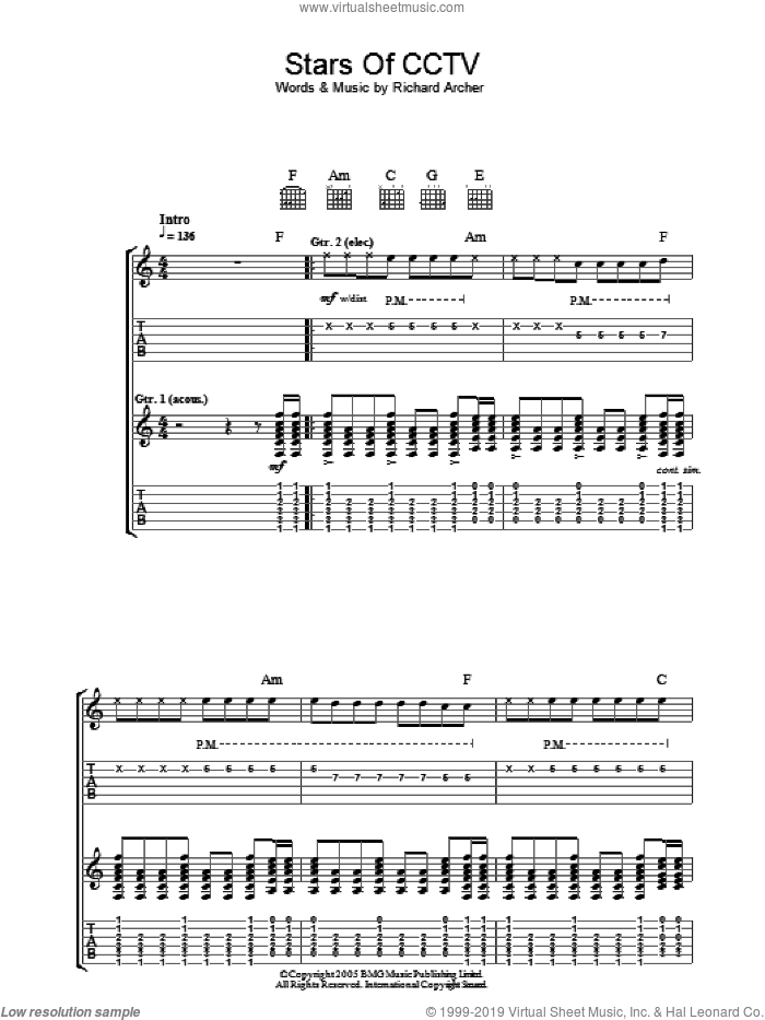 Stars Of CCTV sheet music for guitar (tablature) by Hard-Fi and Richard Archer, intermediate skill level