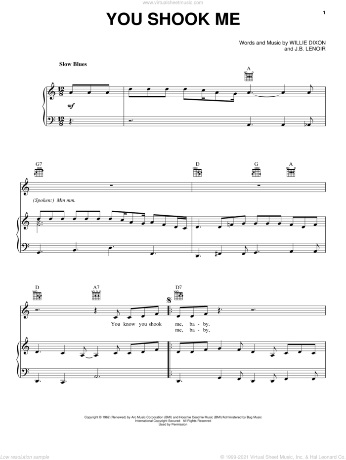You Shook Me sheet music for voice, piano or guitar by Led Zeppelin, Muddy Waters, J.B. Lenoir and Willie Dixon, intermediate skill level