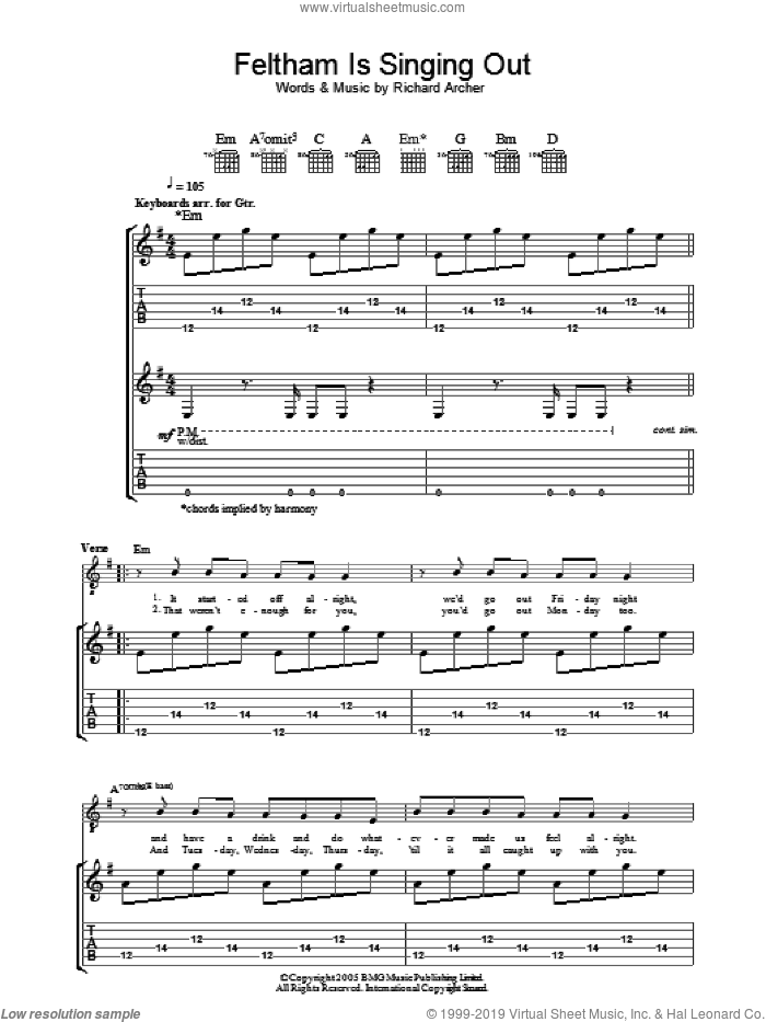 Feltham Is Singing Out sheet music for guitar (tablature) by Hard-Fi and Richard Archer, intermediate skill level