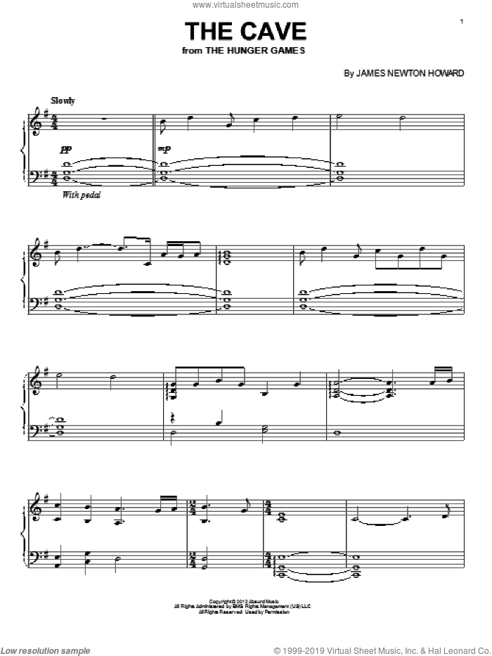 The Cave sheet music for piano solo by James Newton Howard, intermediate skill level