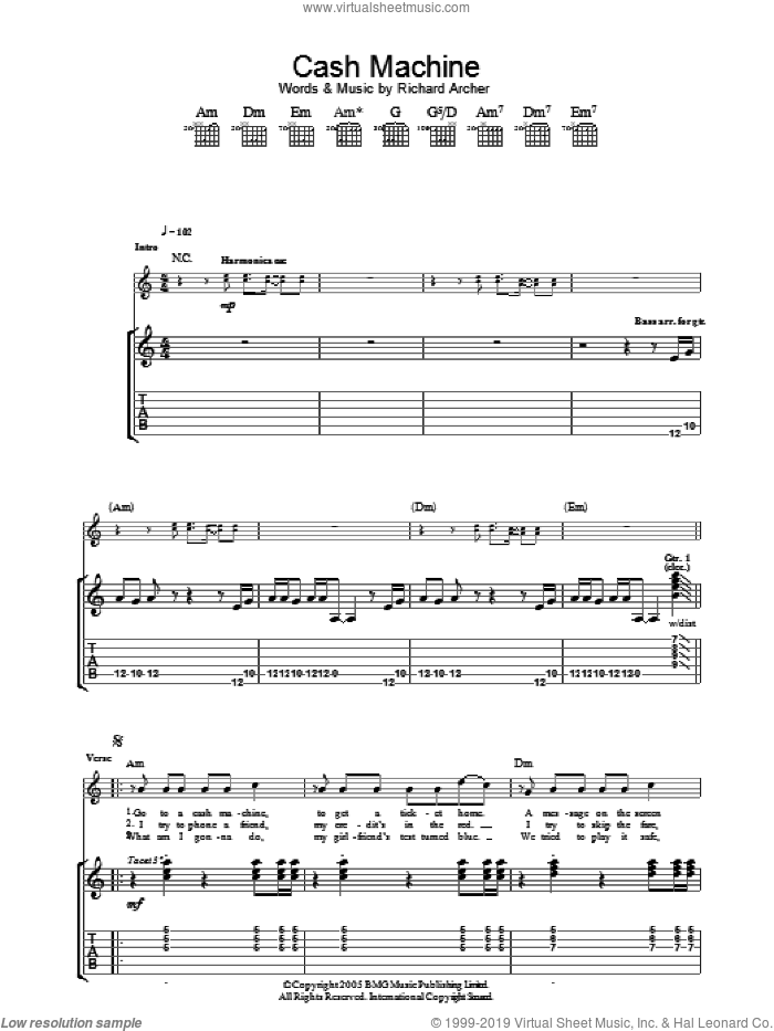 Cash Machine sheet music for guitar (tablature) by Hard-Fi and Richard Archer, intermediate skill level