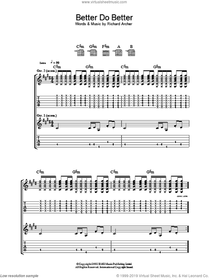 Better Do Better sheet music for guitar (tablature) by Hard-Fi and Richard Archer, intermediate skill level
