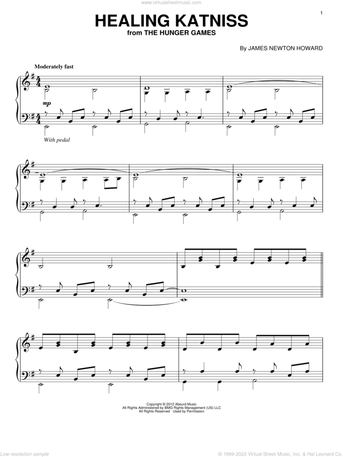 Healing Katniss sheet music for piano solo by James Newton Howard, intermediate skill level