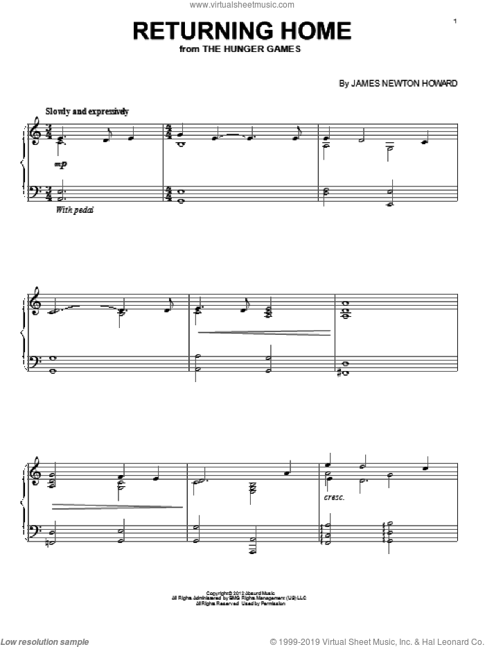 Returning Home sheet music for piano solo by James Newton Howard, intermediate skill level
