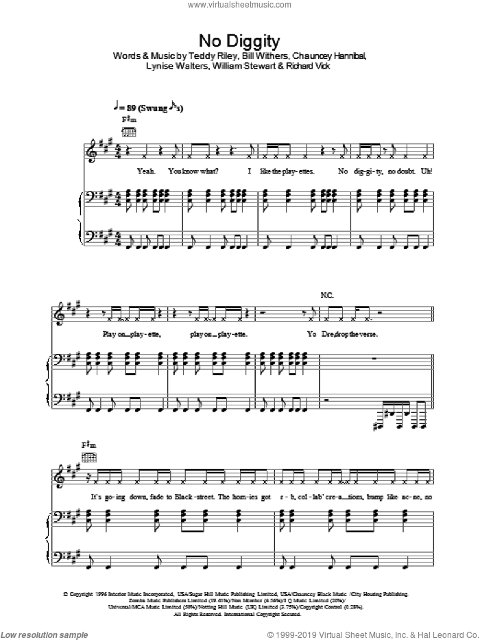 No Diggity sheet music for voice, piano or guitar by Blackstreet, Bill Withers, Chauncey Hannibal, Lynise Walters, Richard Vick, Teddy Riley and William Stewart, intermediate skill level
