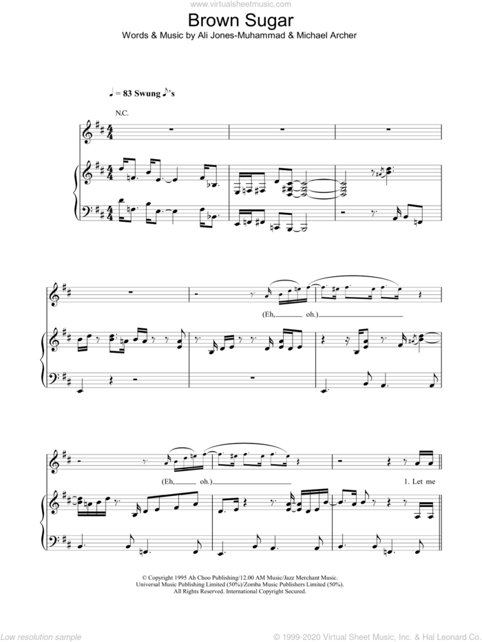 Brown Sugar sheet music for voice, piano or guitar by D'Angelo, Ali Jones-Muhammad and Michael Archer, intermediate skill level