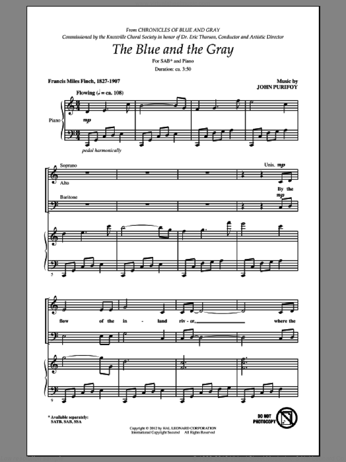 The Blue And The Gray sheet music for choir (SAB: soprano, alto, bass) by John Purifoy and Francis Miles Finch, intermediate skill level
