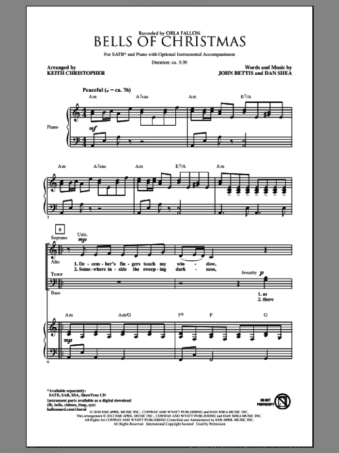 Bells Of Christmas sheet music for choir (SATB: soprano, alto, tenor, bass) by John Bettis, Dan Shea, Keith Christopher and Orla Fallon, intermediate skill level