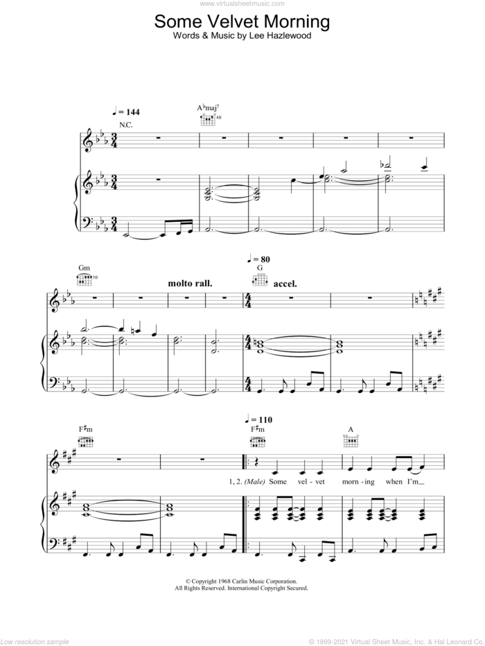 Some Velvet Morning sheet music for voice, piano or guitar by Nancy Sinatra and Lee Hazlewood, intermediate skill level