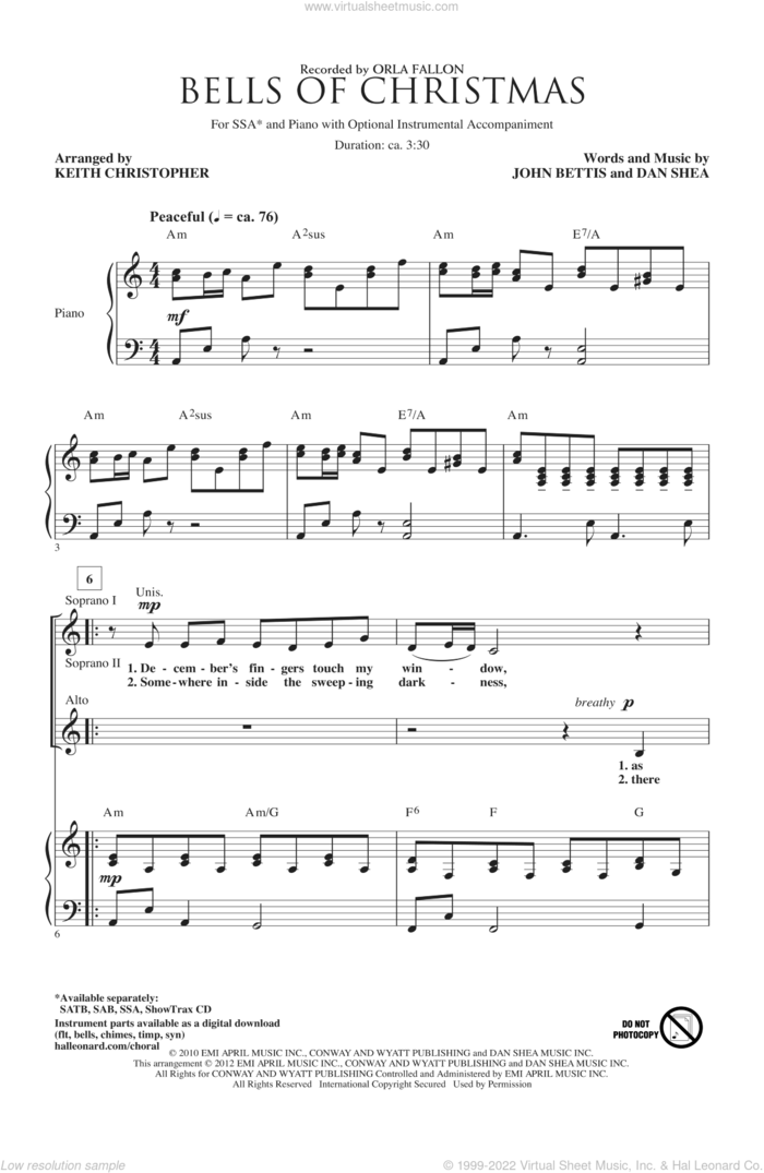 Bells Of Christmas sheet music for choir (SSA: soprano, alto) by John Bettis, Dan Shea, Keith Christopher and Orla Fallon, intermediate skill level